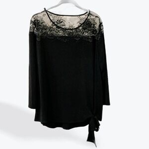 Cato Women Black Lace Inset Tie Waist Long Sleeve Top‎ Plus Size 18W 20W